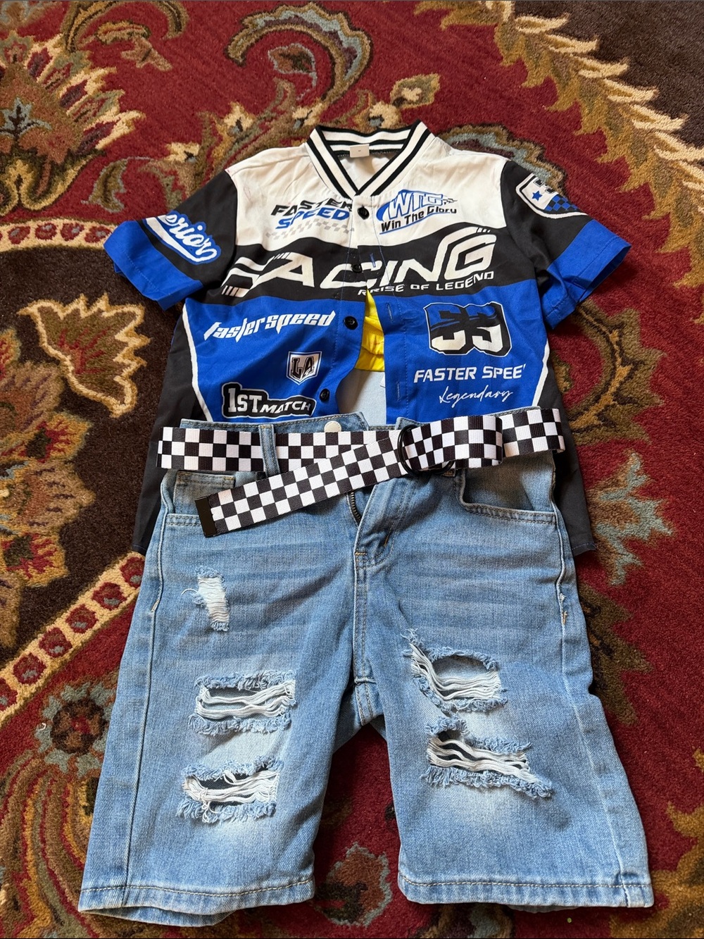 Racing Graphic Kids Short Sleeve Top - Blue/White with Jean Short